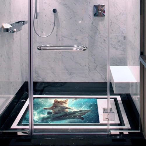 Shower Mat Non Slip 26.8 x 15.1 Inches, Funny Cat Riding Shark Ocean Bathtub - Image 6