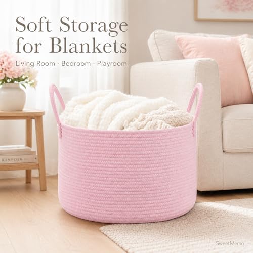 Extra Large Woven Throw Blanket Basket, 20 x 12 in, Blush Pink - Image 5