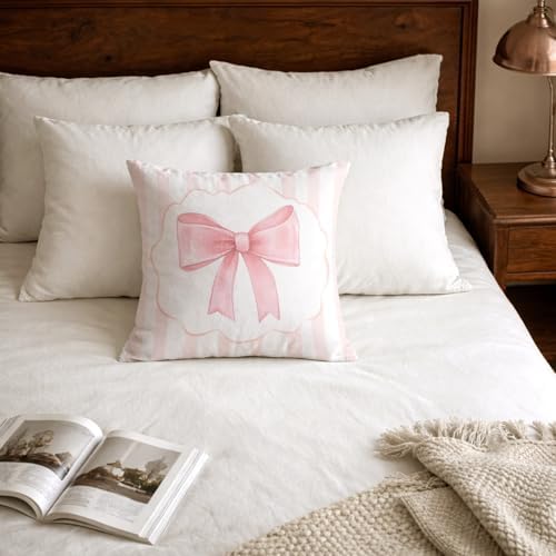 Coquette Pink Bow Pillow Covers 18x18, Coquette Room Decor, Blush Pink Striped - Image 5