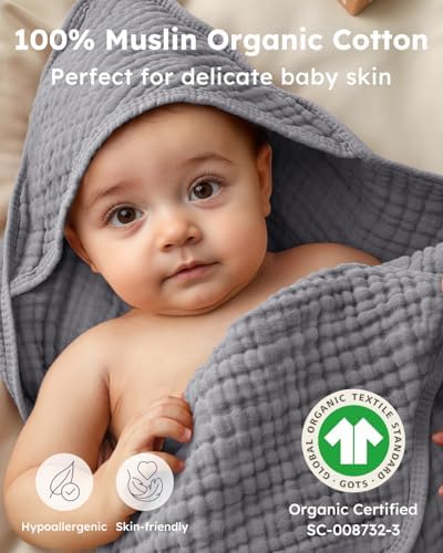 Yoofoss Hooded Baby Bath Towels 2 Pack 100% Muslin Organic Cotton - Image 2