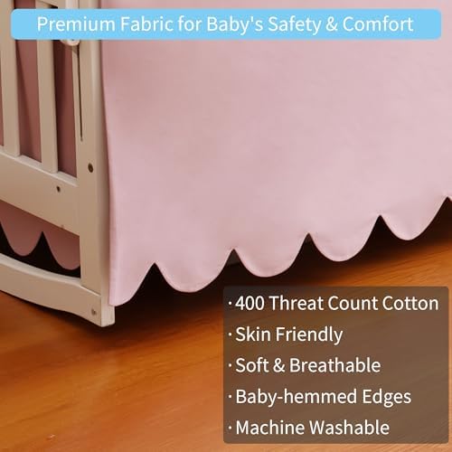 100% Cotton Scallop Edge Crib Bed Skirt, 4-Sided Soft Breathable Cotton Bedding - Image 3