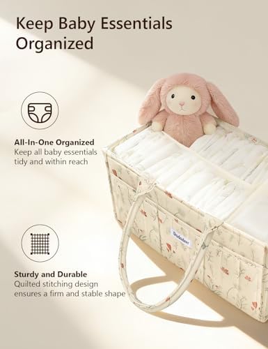Quilted Floral Diaper Caddy Organizer, Nursery Storage Basket - Image 2
