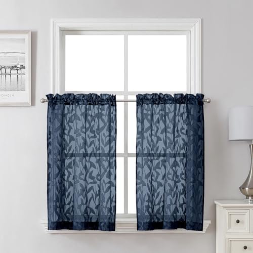 Lecloud Leia Navy Blue Sheer Kitchen Curtains 30 Inch Length 2 Pcs, Leaf by Lecloud