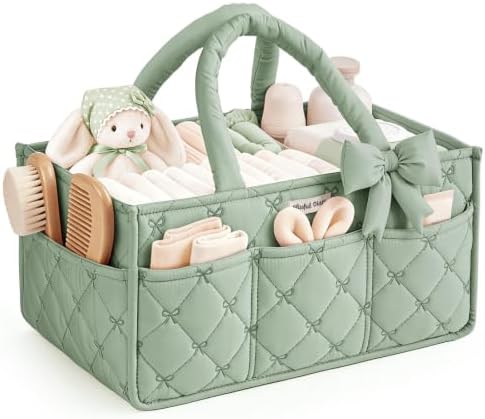 Blissful Diary Baby Diaper Caddy Organizer, Nursery Basket, Bow Sage Green by BlissfulDiary