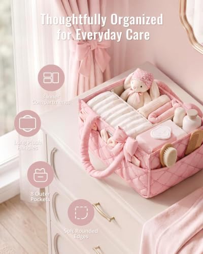 Blissful Diary Baby Diaper Caddy Organizer, Nursery Basket, Bow Light Pink - Image 3
