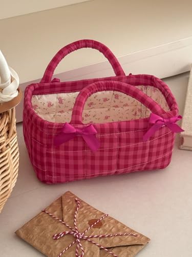 Small Storage Basket Organizer, Mini Fabric Gingham Storage Baskets - Image 4