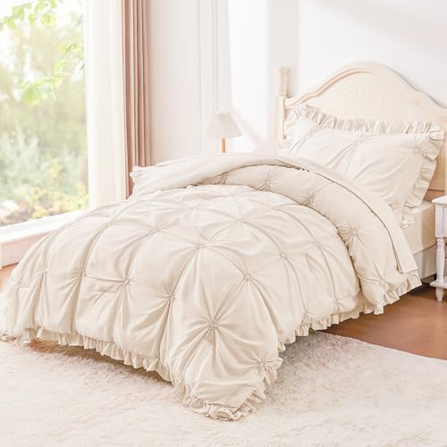Twin Comforter Set for Girls, Boho Pintuck Bedding Comforter Sets, 4 Pieces by WOWELIFE