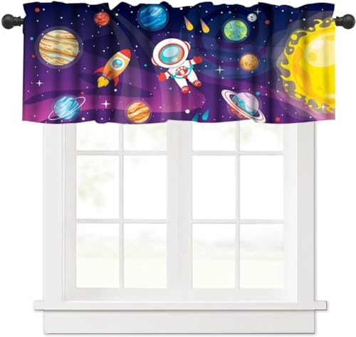 Cartoon Astronaut Valances Kids Curtains, Cute Galaxy Planet Outer Space Theme by DDCBNS