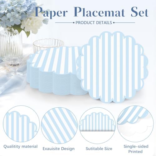 100 Pcs Blue Striped Paper Placemats 13.5 Inch Disposable Round Placemat - Image 3