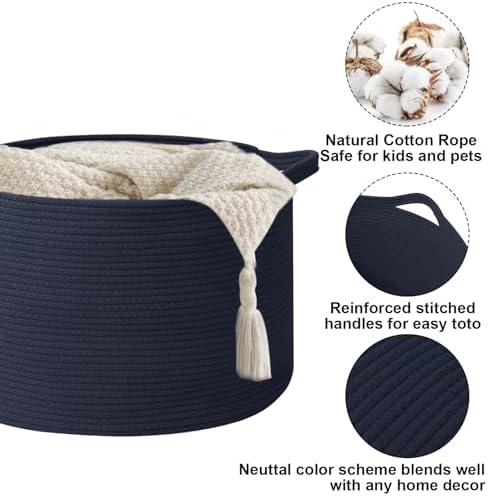 65L Large Blanket Basket, Woven Rope Laundry Basket-Dark Blue - Image 3