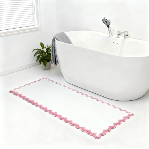 ORTIGIA Long Cute Scalloped Bathroom Rugs Runner, Fun Pink Plush Microfiber by ORTIGIA