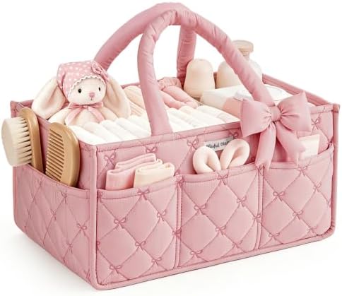 Blissful Diary Baby Diaper Caddy Organizer, Nursery Basket, Bow Light Pink by BlissfulDiary