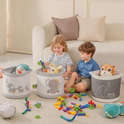 3-Piece Woven Baby Toy Blanket Storage Baskets Laundry Hampers, Elephant Design - Image 2