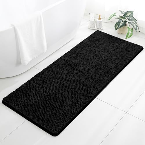 Chenille Bathroom Runner Rug 24"x60" Black, Plush Bath Mat by Kildoss