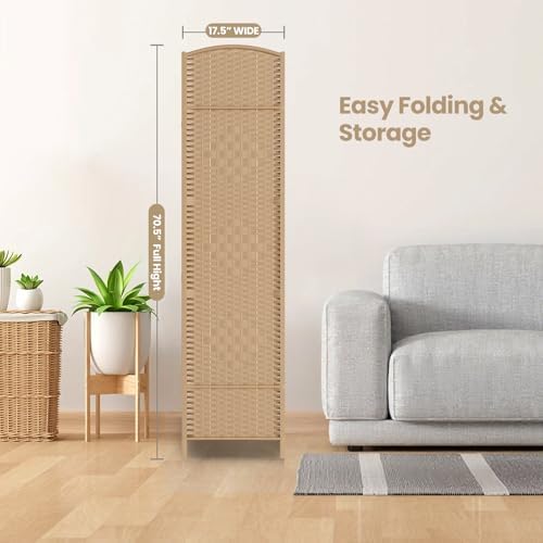 4 Panel Folding Room Divider, Woven Privacy Screen, Light Beige - Image 7