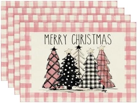 Artoid Mode Waterclor Pink Buffalo Plaid Christmas Trees Placemats Set of 4 by ArtoidMode