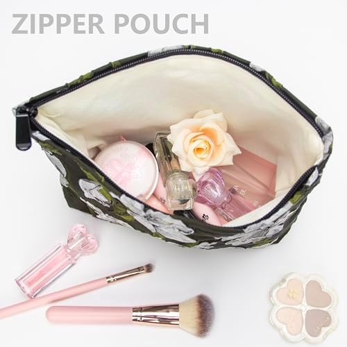 Flat Makeup Bag for Women, Zipper Cosmetic Pouch Purse, Brocade Floral Black - Image 2