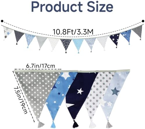 G2PLUS 10.8Ft Cotton Triangle Bunting Banner – 12pcs Blue and Gray Fabric - Image 2