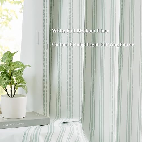ZJDECOR Green White Striped Full Blackout Curtain Panels 90 Inches Long - Image 3