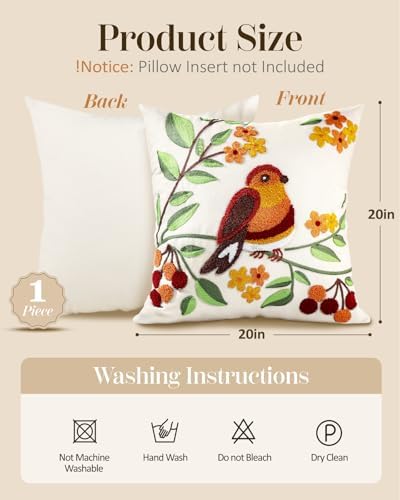 Embroidered Throw Pillow Cover, 20x20 Inch, Bird Branch - Image 4
