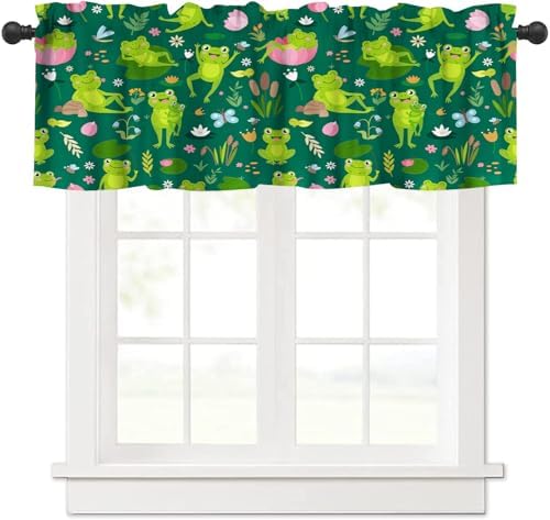 Cartoon Frog Valance Curtain for Kids Room Green Watercolour Cute Lotus Leaf by AAVEUP
