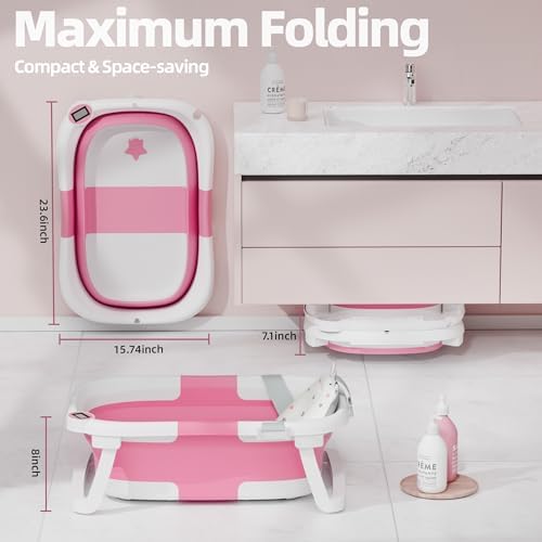 Collapsible Baby Bathtub with Thermometer, 0-36 Months, Dark Pink - Image 3