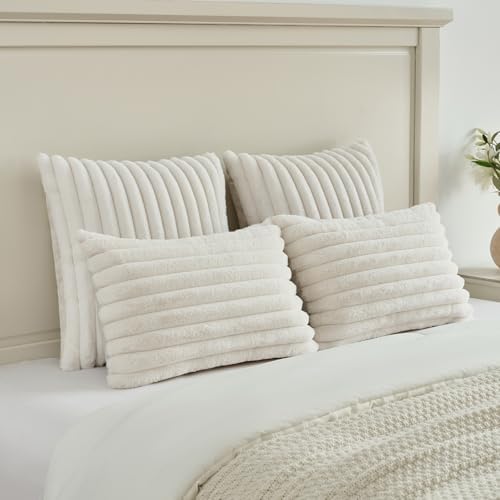 FUTEI Pack of 2 Faux Fur Throw Pillow Covers 20x20 Inch, Cream White - Image 5