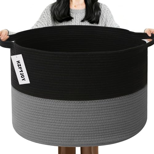 115L Large Blanket Basket, Woven Rope Laundry Basket-Black&Dark Grey by HZFTJOY