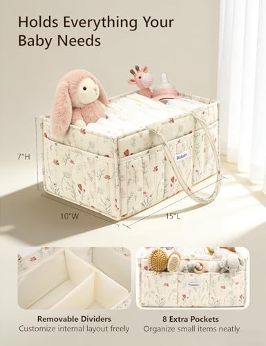 Quilted Floral Diaper Caddy Organizer, Nursery Storage Basket - Image 3