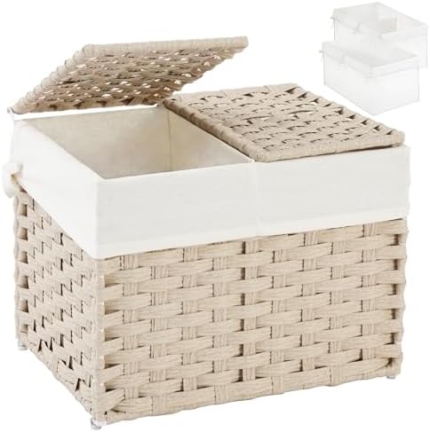 SETVSON Storage Basket with Lid, 2-Lid PE Rattan Storage Bin, Light Khaki by SETVSON