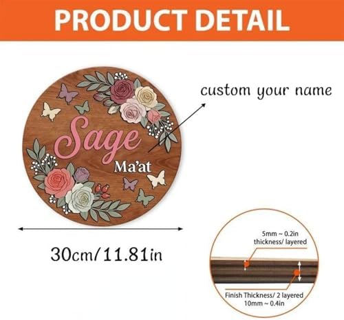 Personalized Wooden Name Sign, Custom Floral Round Wall Decor, Rustic Wooden - Image 2