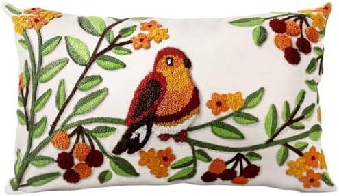 Embroidered Throw Pillow Cover, 20x12 Inch, Bird Branch by Kokaaee