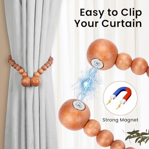 KLOGTSIND Magnetic Curtain Tiebacks, 6 Pack Wood Bead Curtain Holdbacks - Image 2