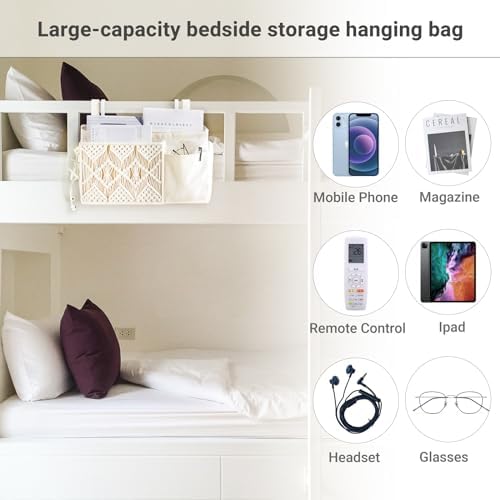 Mkono Bedside Caddy, Macrame Hanging Organizer, 4 Pockets Ivory Metal Hooks - Image 3