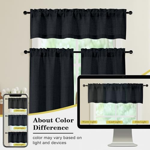 Black Valances for Windows, Light Filtering Faux Linen Textured Small Short - Image 7