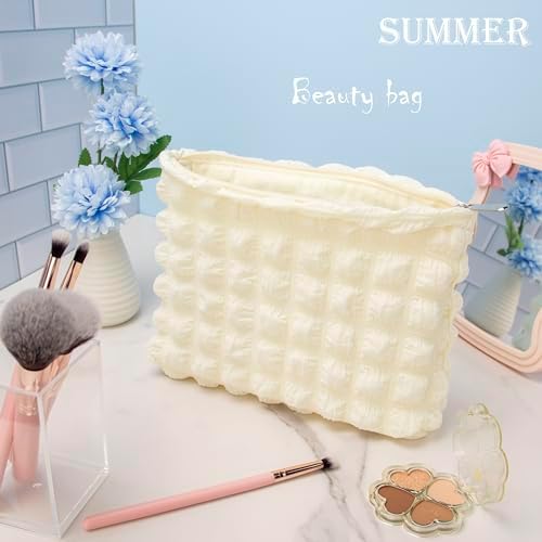 Flat Makeup Bag for Women, Zipper Cosmetic Pouch for Purse, Bubble Beige - Image 2