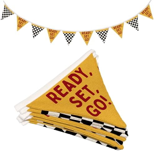 Race Car Room Decor for Boys Canvas Linen Garland Triangle Banners, Ready Set by Wheatwin