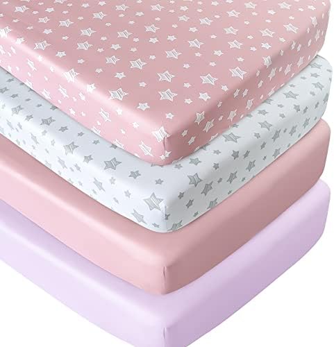 Crib Sheets for Girls 4 Pack, Fitted Baby Crib Sheets by Moonsea