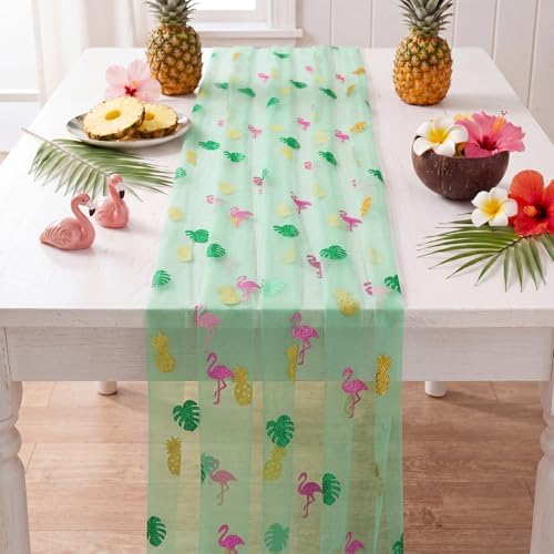 4 Pcs Flamingo Table Runner 29x70 Inch Summer Tropical Green - Image 3