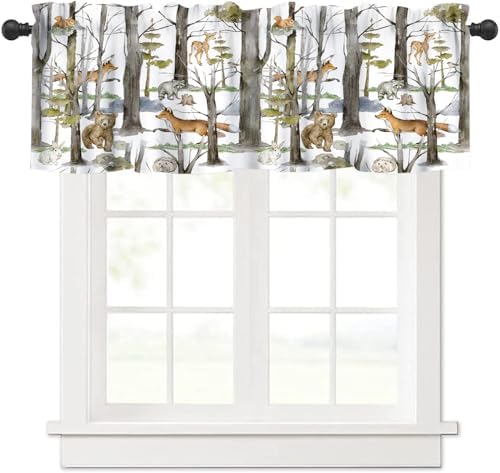 Forest Animal Valance Curtain for Kids Cartoon Tree Job Forest Hunting Lodge by AAVEUP