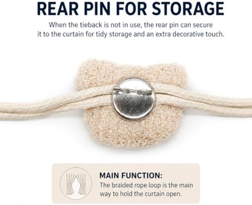 Beige Bear Curtain Tiebacks 2 Pack, Adjustable No-Drill Rope Ties - Image 3