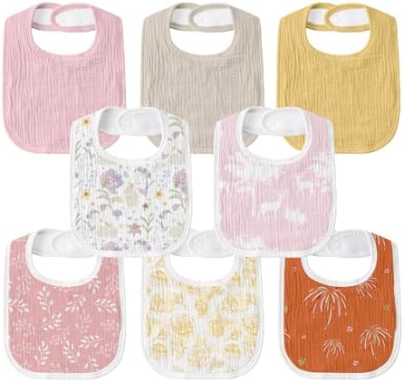 Muslin Bibs for Baby Girl, Adjustable Fit for Drooling and Teething Toddler by GLLQUENBABY