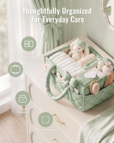 Blissful Diary Baby Diaper Caddy Organizer, Nursery Basket, Bow Sage Green - Image 3