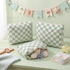 3 Pack Diaper Bag Set Quilted Cotton Green Checkered Diaper Pouches - Image 3
