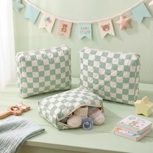 3 Pack Diaper Bag Set Quilted Cotton Green Checkered Diaper Pouches - Image 3