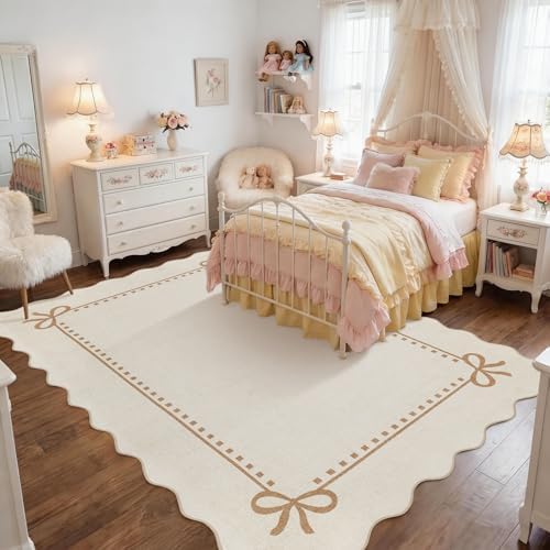 Garvee Scalloped Bow Rug Beige Washable Solid 4x6 Area Rugs - Image 2