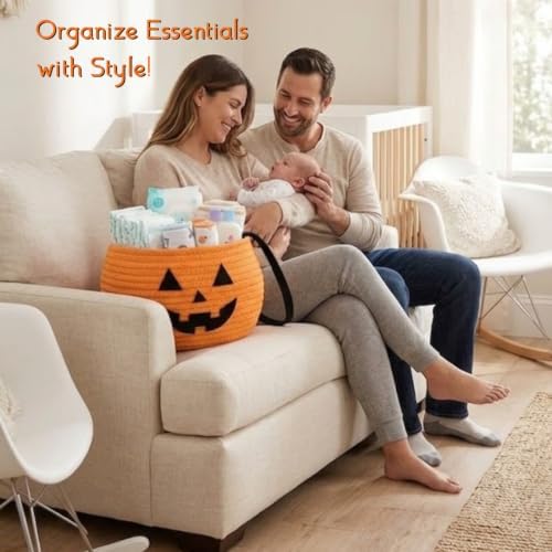 Pumpkin Storage Basket | Woven Cotton Rope Bin | Cute Halloween Candy Bowl - Image 5