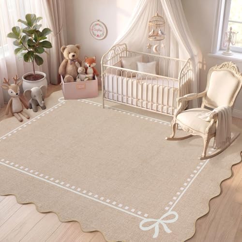 Garvee Scalloped Bow Rug Camel Washable Solid 3x5 Area Rugs by Garvee