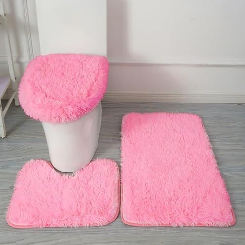 Pink Bathroom Rugs Sets 3Piece Bath Mat Solid Bath Rug Floor Mats Washable by Eanpet