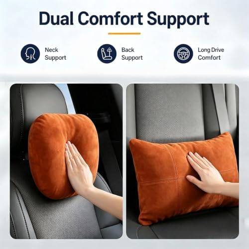 2 PCS Car Pillow for Driving Seat Soft Suede Headrest Neck & Lumbar Support - Image 2